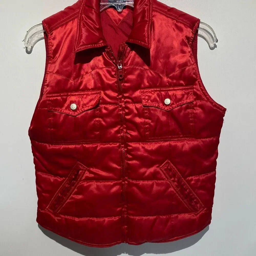 Vintage Tommy Jeans Women's Red Satin Collared Full Zip Puffer‎ Vest Medium